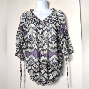 Halo top sheer button smock geometric purple white black tie sleep sz M artsy